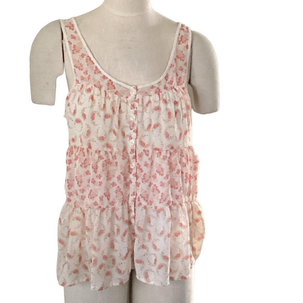 LC‎ Lauren Conrad Tank Top Ditsy Floral Tiered Ruffle Button-Up Sz M 68P